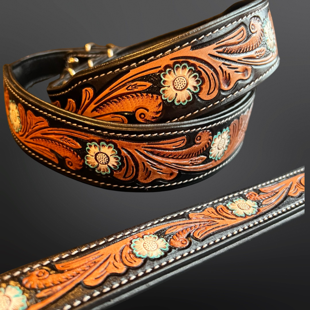 White Daisy - Western Tooled Leather Dog Collar