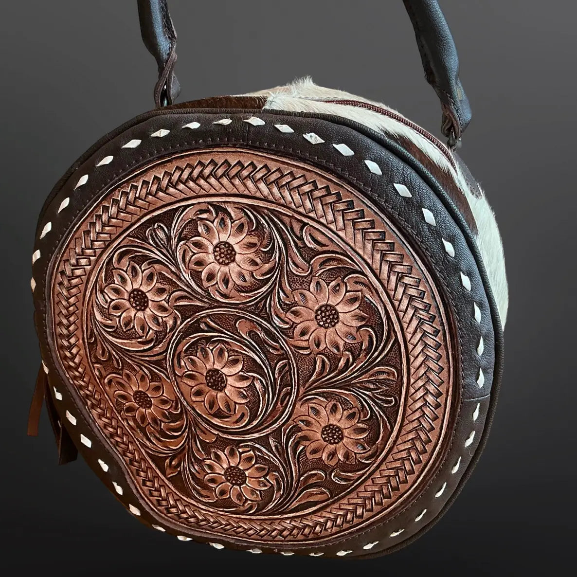 Canteen Tooled Leather Cowhide Handbag