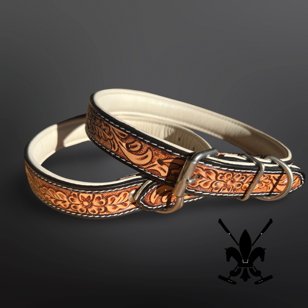 Tooled Leather Western Floral Stamped Padded Dog Collar