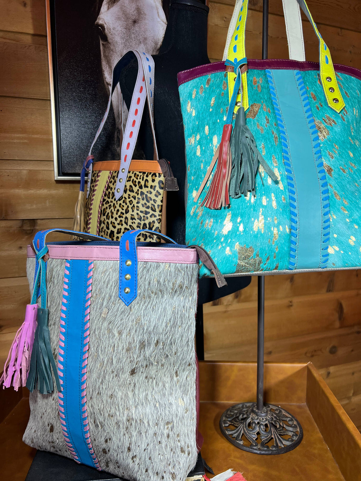 Wild Print Cowhide Hair On Leather Tassel Tote Bag Purse
