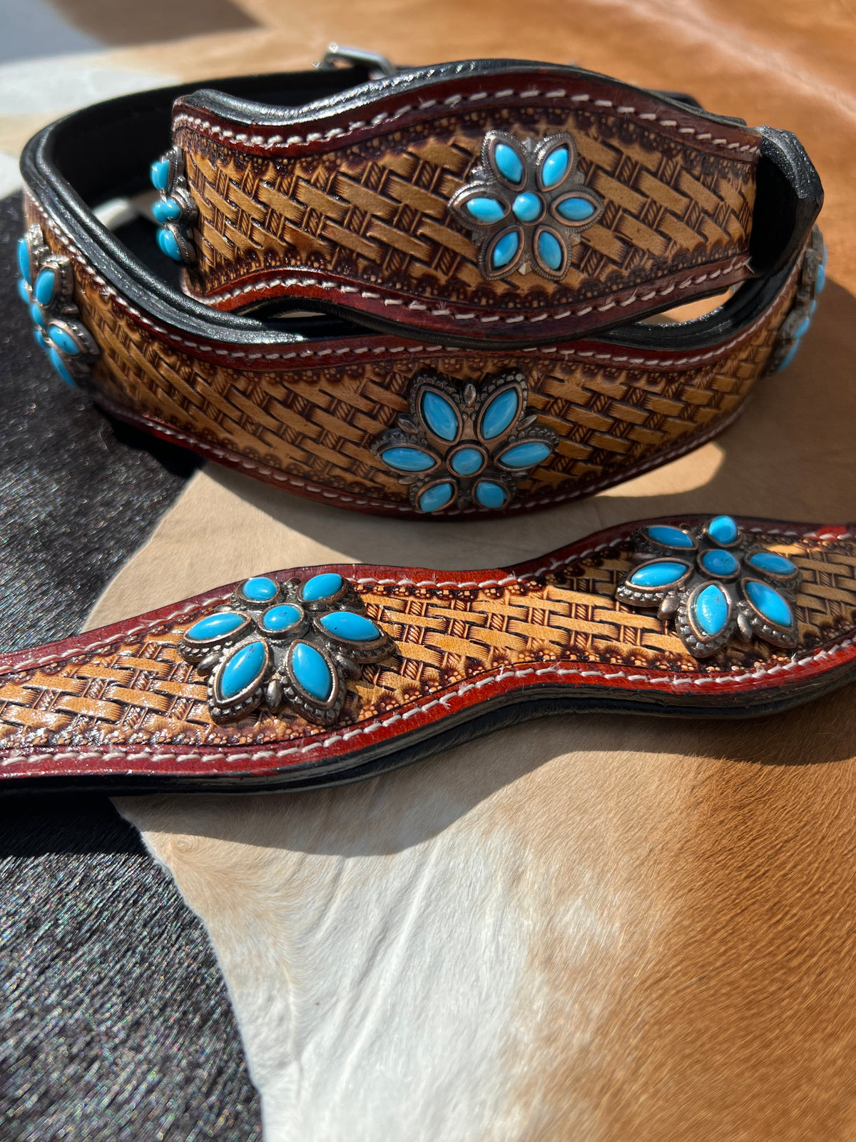 Western Basket Stamped Tooled Leather Turquoise Concho Dog Collar