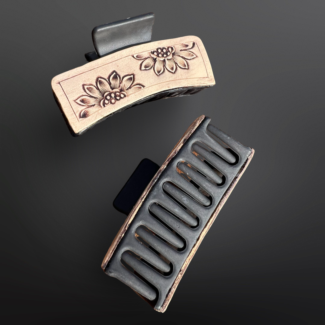 Sunflower Tooled Leather Claw Hair Clips - Matte Clip