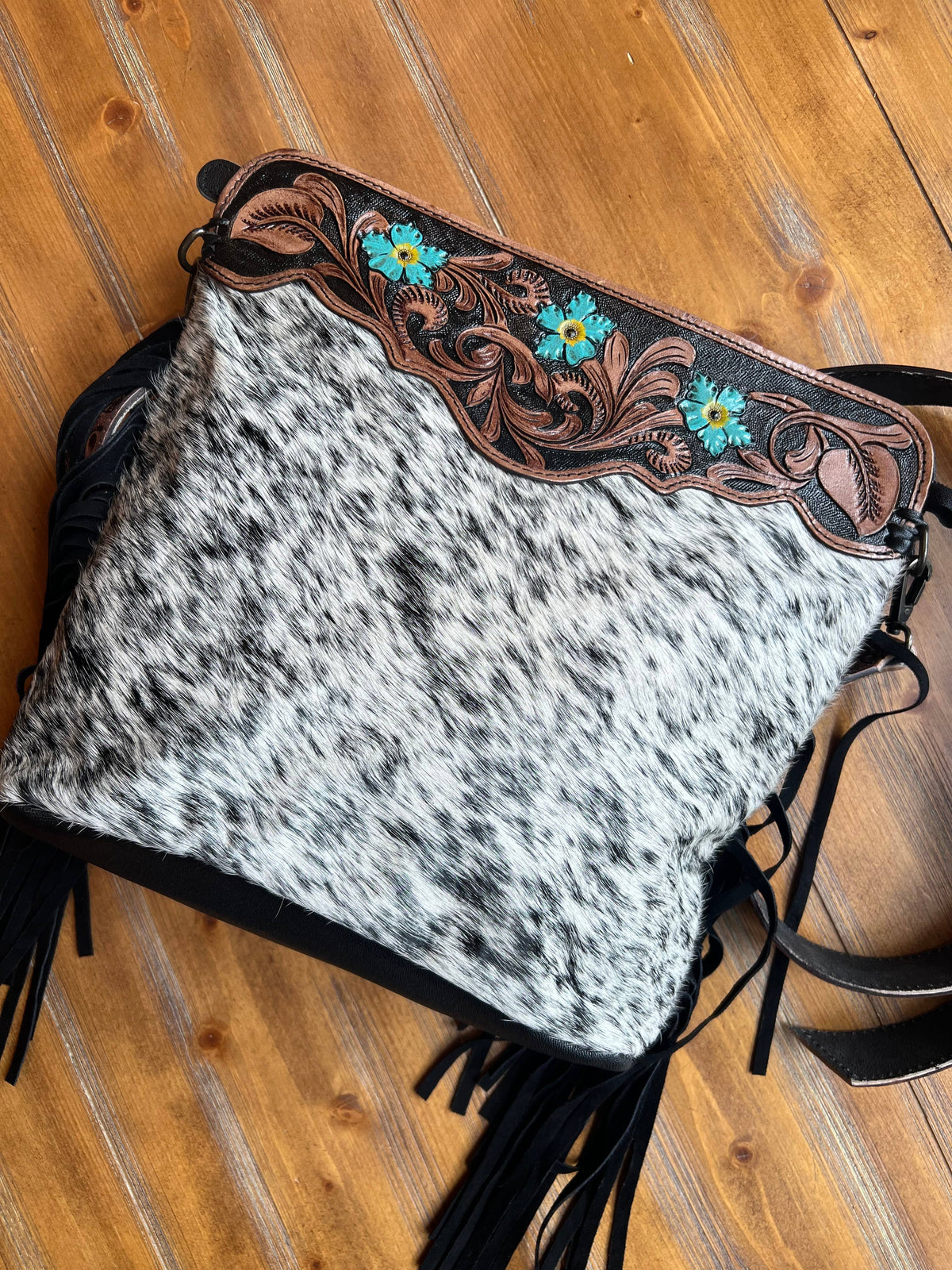 Western Turquoise Flower Tooled Leather Purse Handbag