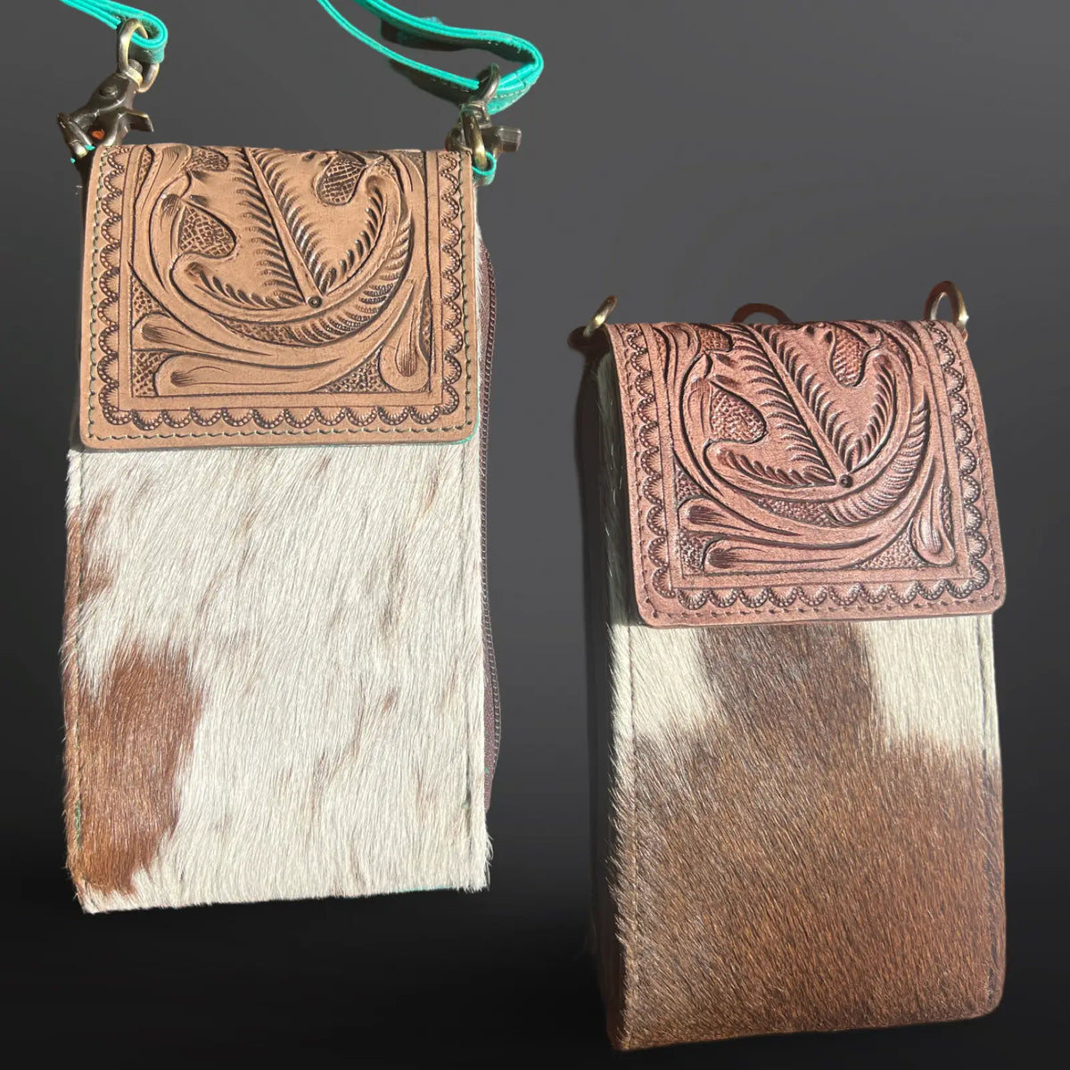 Western Cowhide Tooled Leather Crossbody Wallet