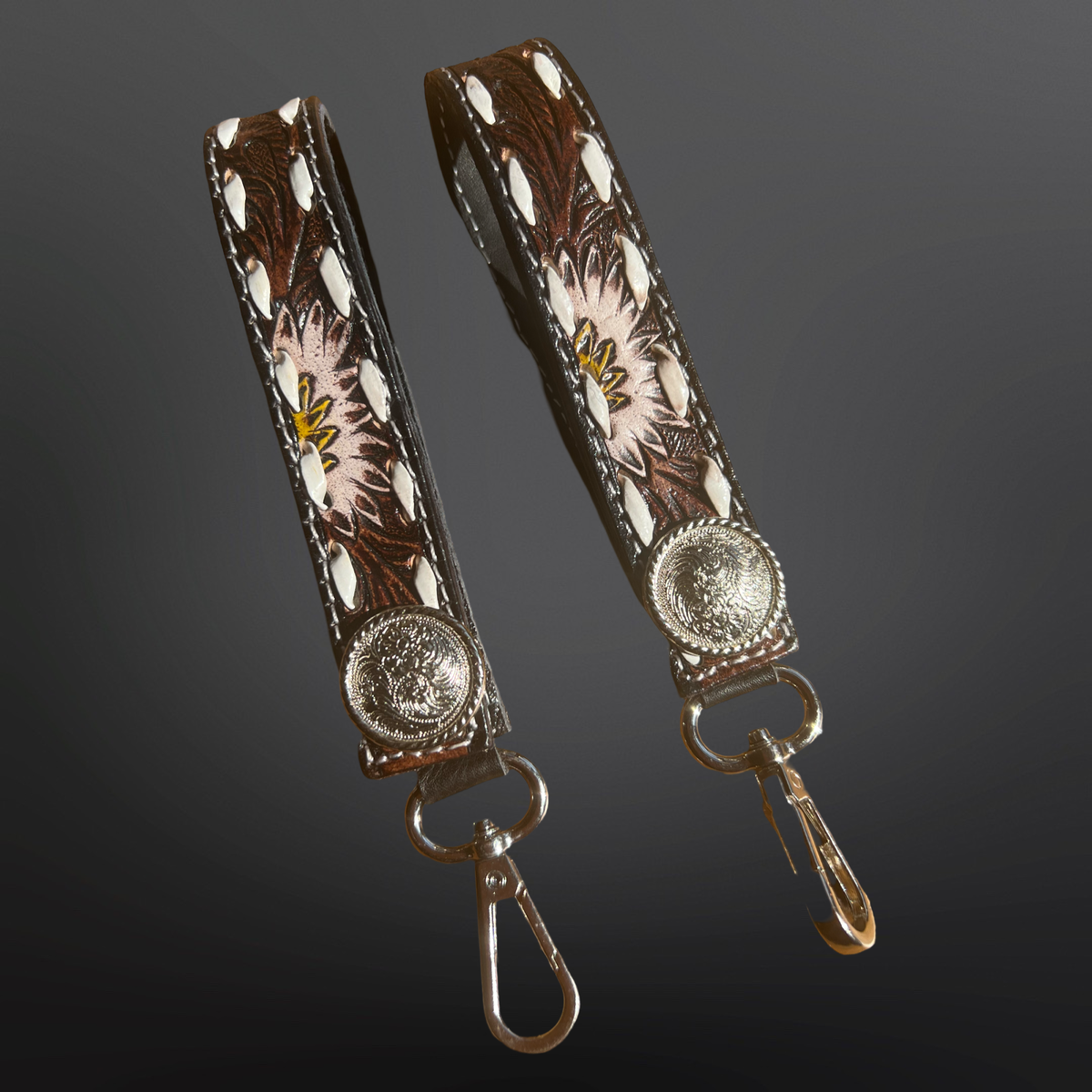 White Sunflower Concho Keychain with Buck Stitching