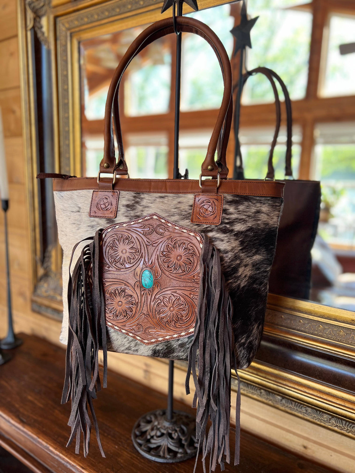Cowhide Tooled Leather Western Purse Turquoise Handbag Tote