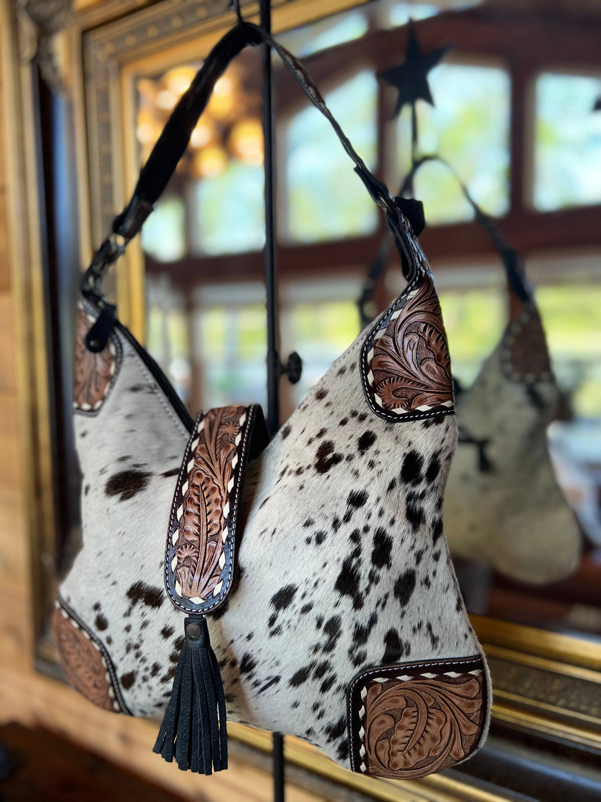 Tooled Leather Tassle Flap Cowhide Purse Shoulder Bag