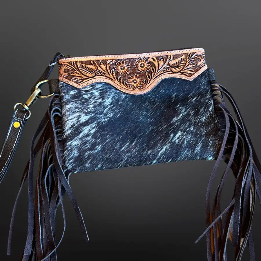 Western Cowhide Tooled Leather Fringe Wristlet Purse