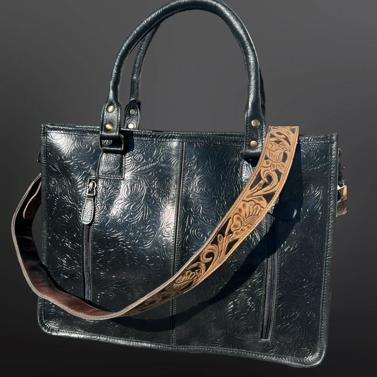 Western Embossed and Tooled Leather Handbag Black