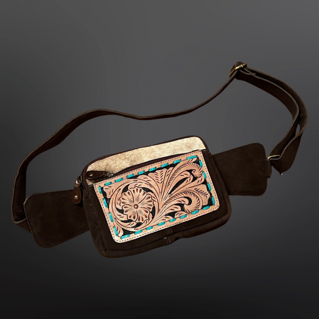 Tooled Leather Fanny Pack Cross Shoulder Belt Bag Handbag - Buck Stitch Detail