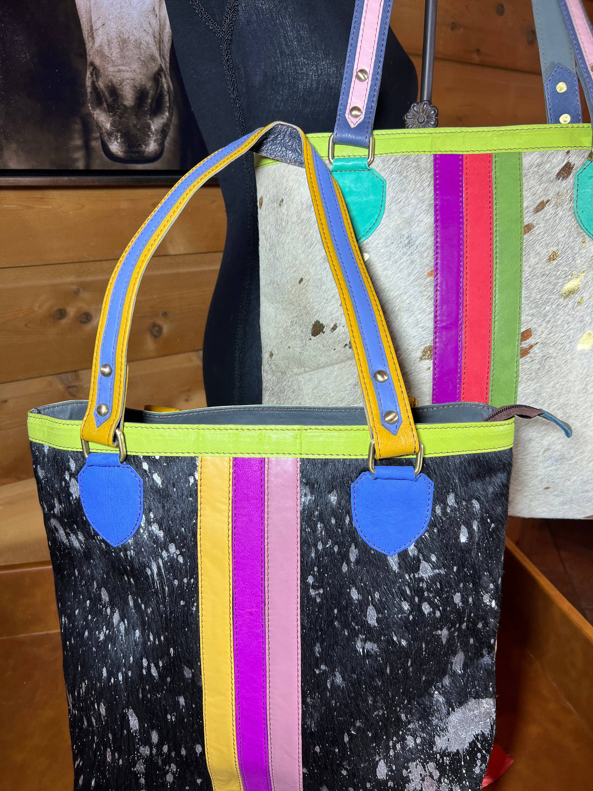 Color Block Cowhide Hair On Leather Tote Bag Purse (Co