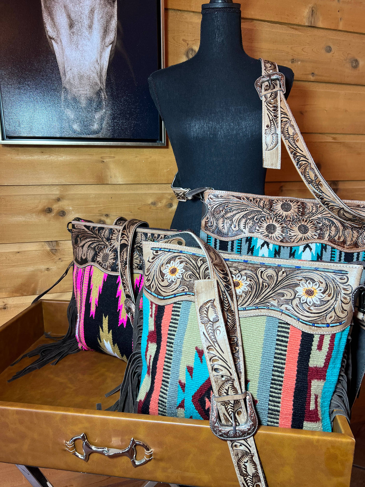Saddle Blanket Tooled Leather Tote Bag Concealed Carry Purse