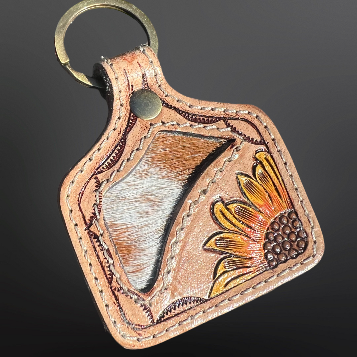 Cow Ear Tag Shaped Leather Sunflower Hide Keychain 
