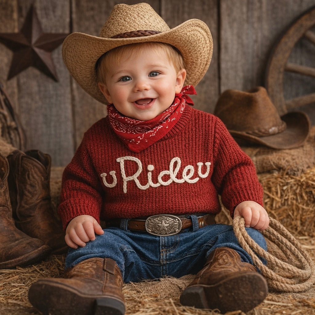 Child wearing a cowboy outfit with a 'uRideu’ sweater, sitting on hay with cowboy hats and boots in the background.