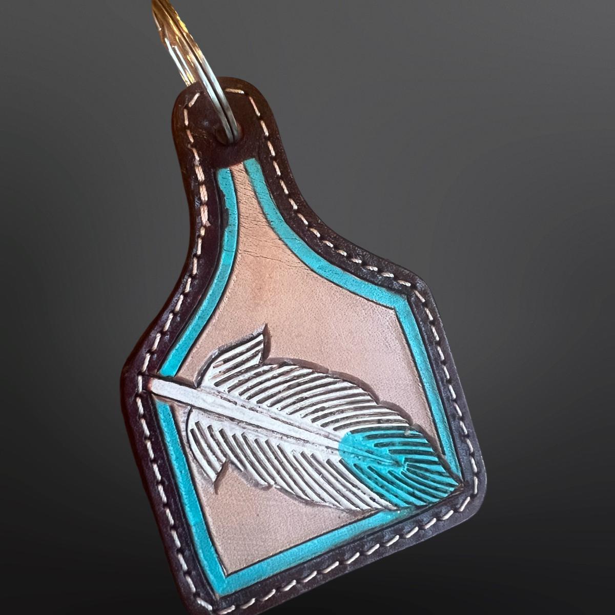Cow Ear Tag Shaped Leather Feather Turquoise Keychain