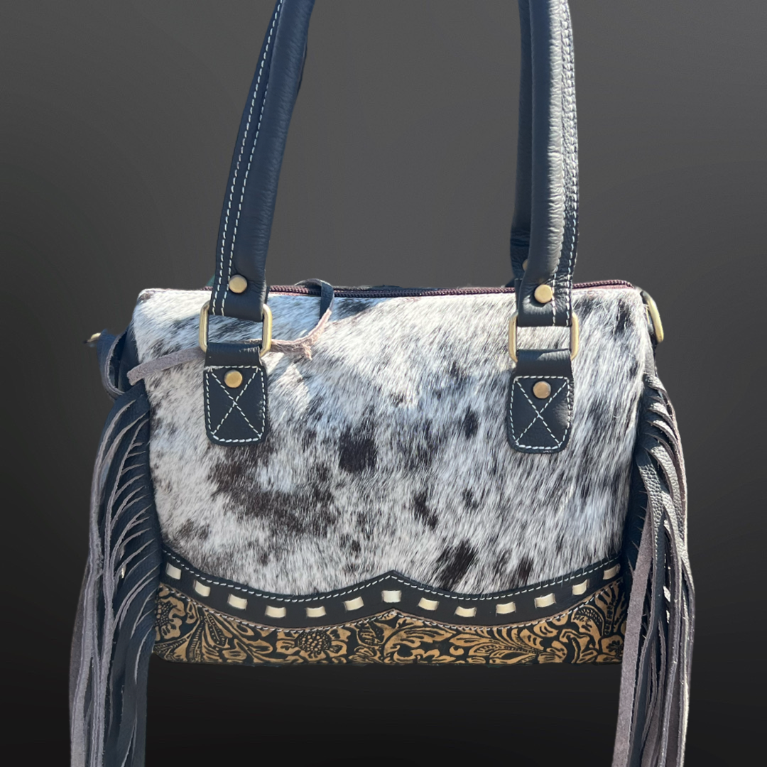 Western Printed Leather Cowhide Mini Duffle Bag Handbag Purse