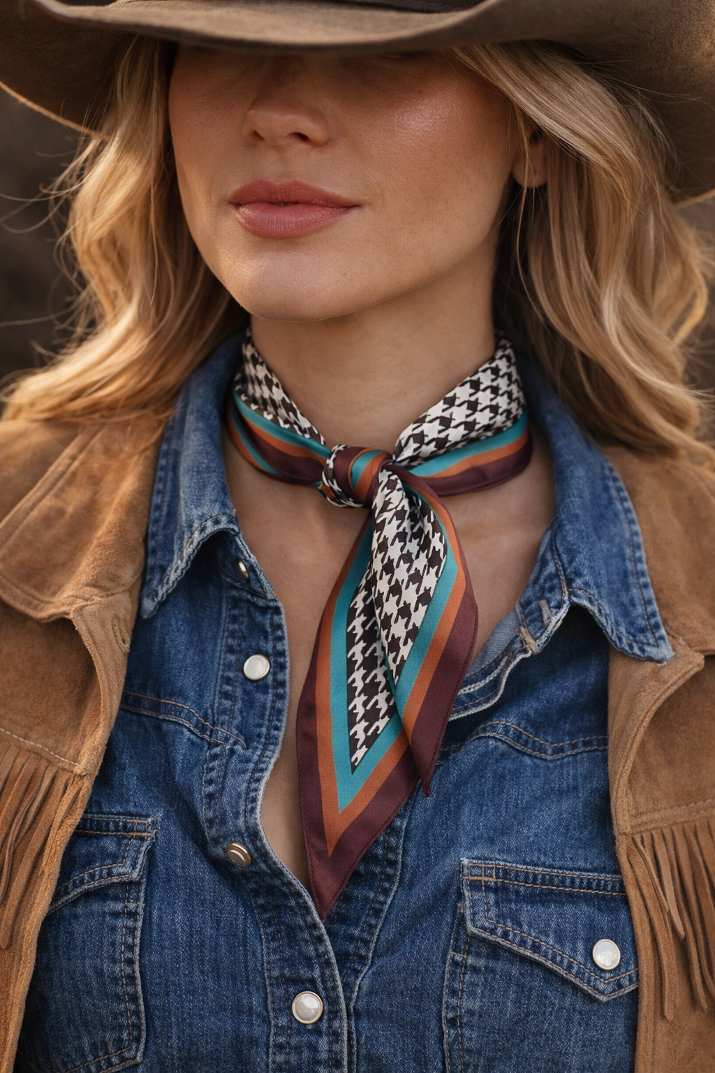 Woman wearing a cowboy hat, denim shirt, and patterned scarf with a blurred background