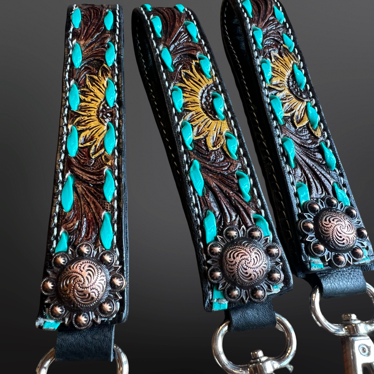Yellow Sunflower Concho Keychain with Buck Stitching