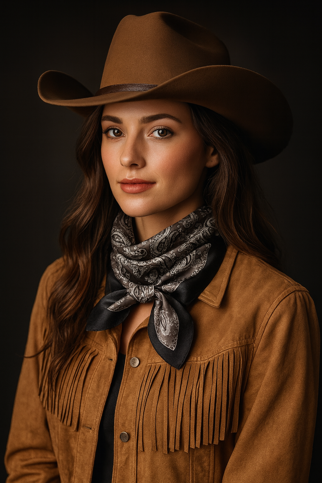 Woman wearing a brown cowboy hat, brown jacket with fringes, and patterned scarf against a dark background