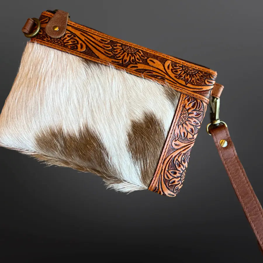 Cowhide Sunflower Cross Body Bag Fringe Purse Wristlet