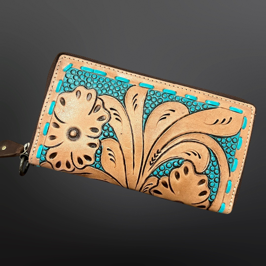 Tooled Leather Turquoise Buck Stitched Wallet
