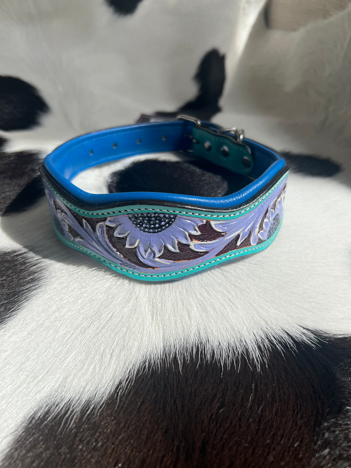 Western Tooled Leather Sunflower Turquoise Scalloped Dog Collar
