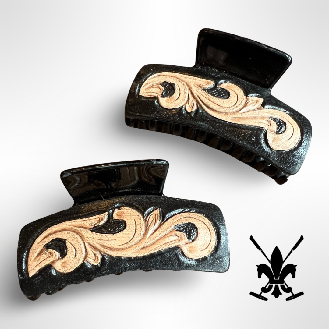 Black Floral Tooled Leather Claw Hair Clips