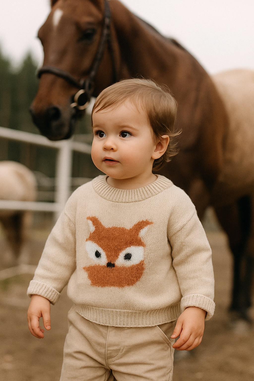 Child wearing fox sweater 