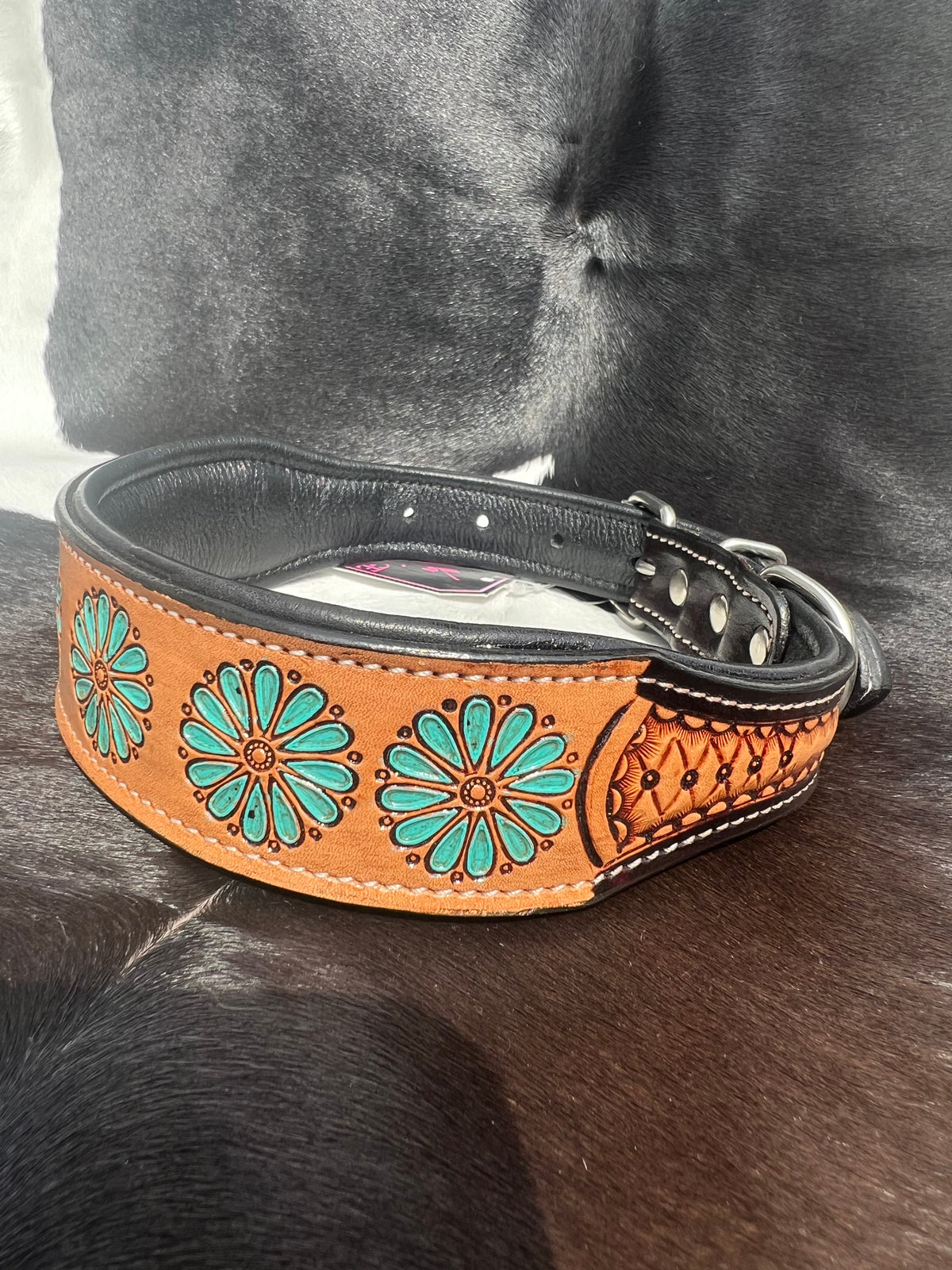 Western Tooled Leather Floral Dog Collar - Turquoise Flowers