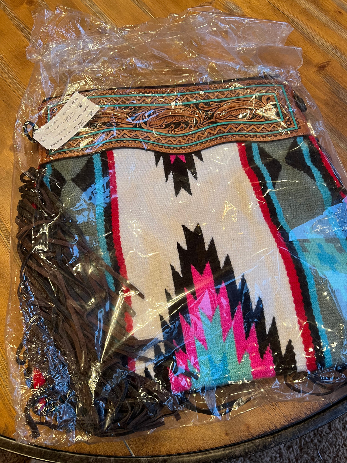 XL Tooled Leather and Saddle Blanket Fringe Handbag