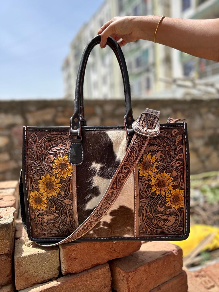 Sunflower Western Tooled Leather Cowhide Purse Tote Bag – Westrian