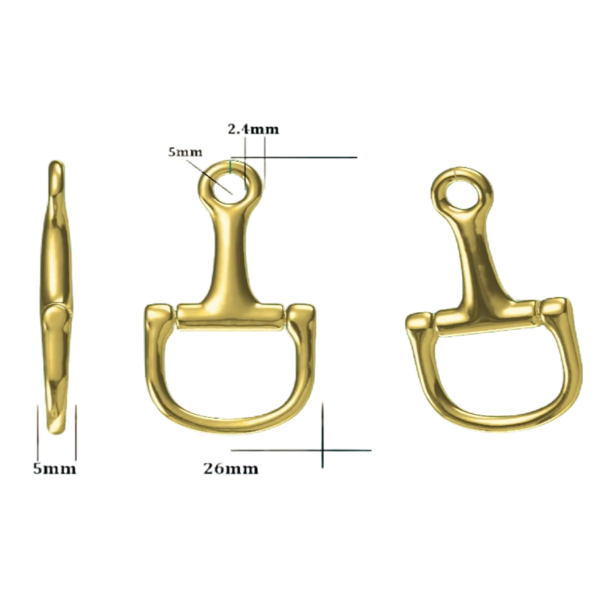 Gold equestrian bit with measurements on a white background