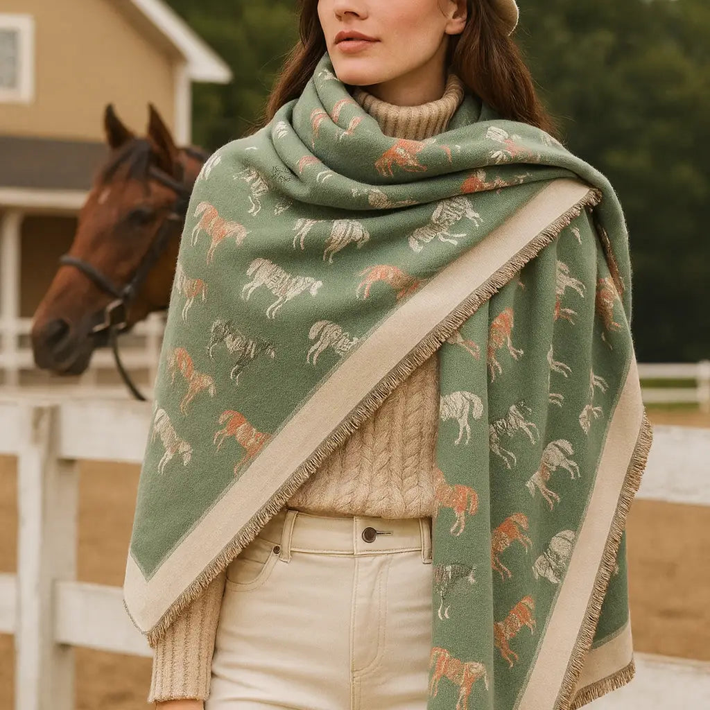 Woman wearing a green patterned scarf with horses, standing next to a horse in an equestrian setting.