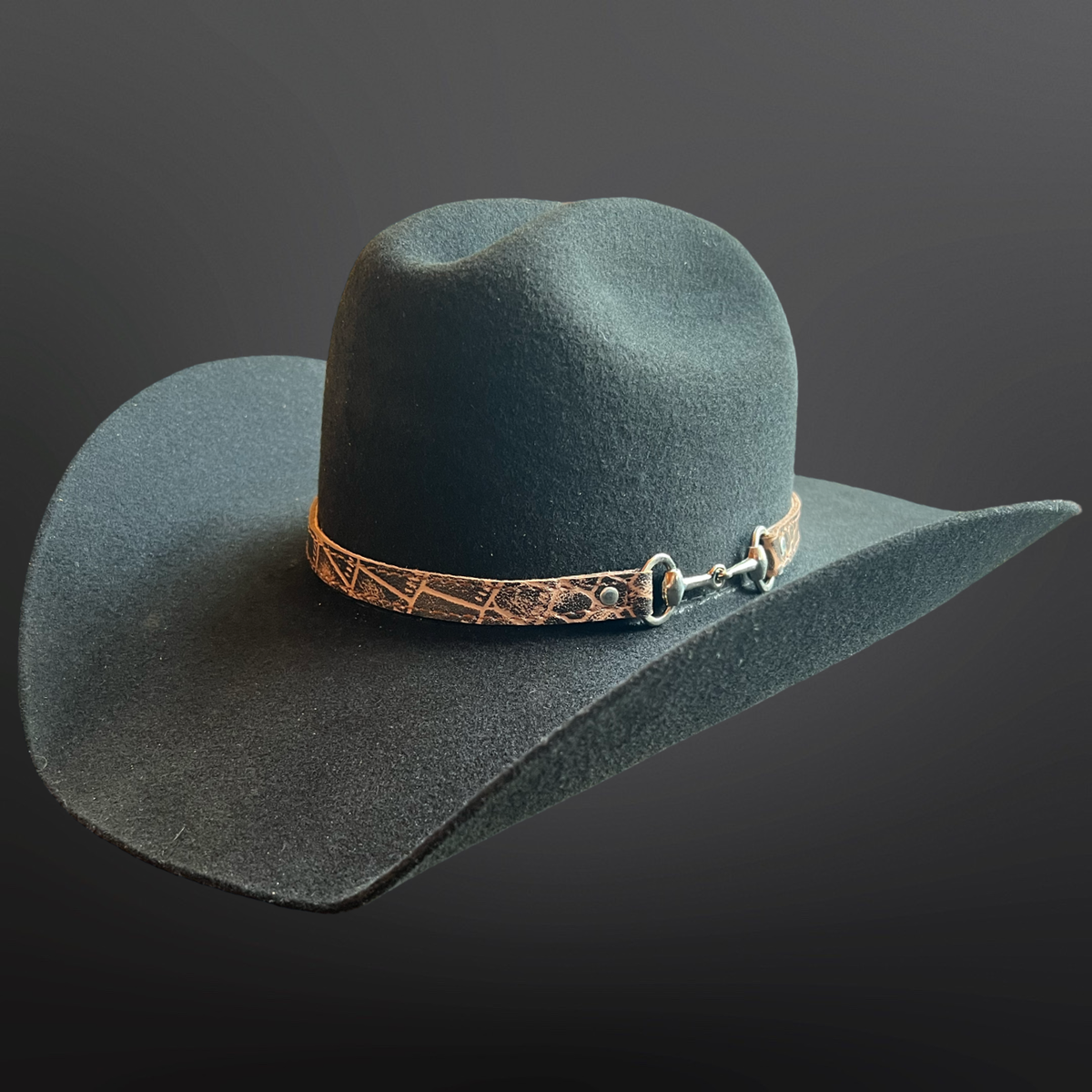 Dark gray cowboy hat with a brown leather band on a dark background