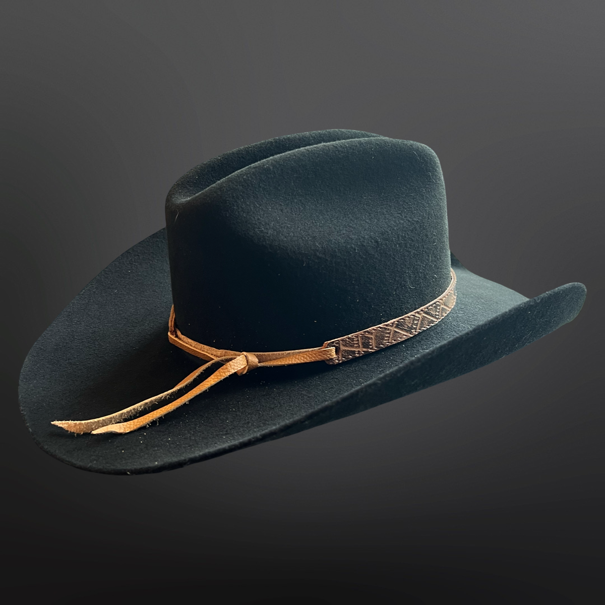 Dark green cowboy hat with a brown leather band on a dark background