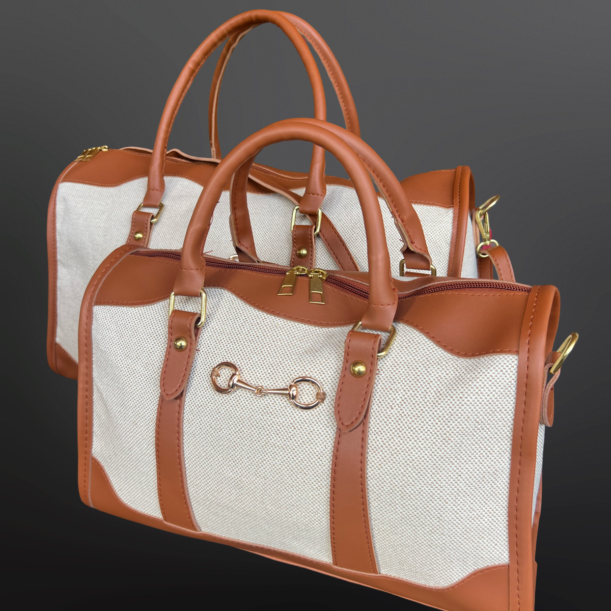 Two handbags with brown leather accents on a dark background
