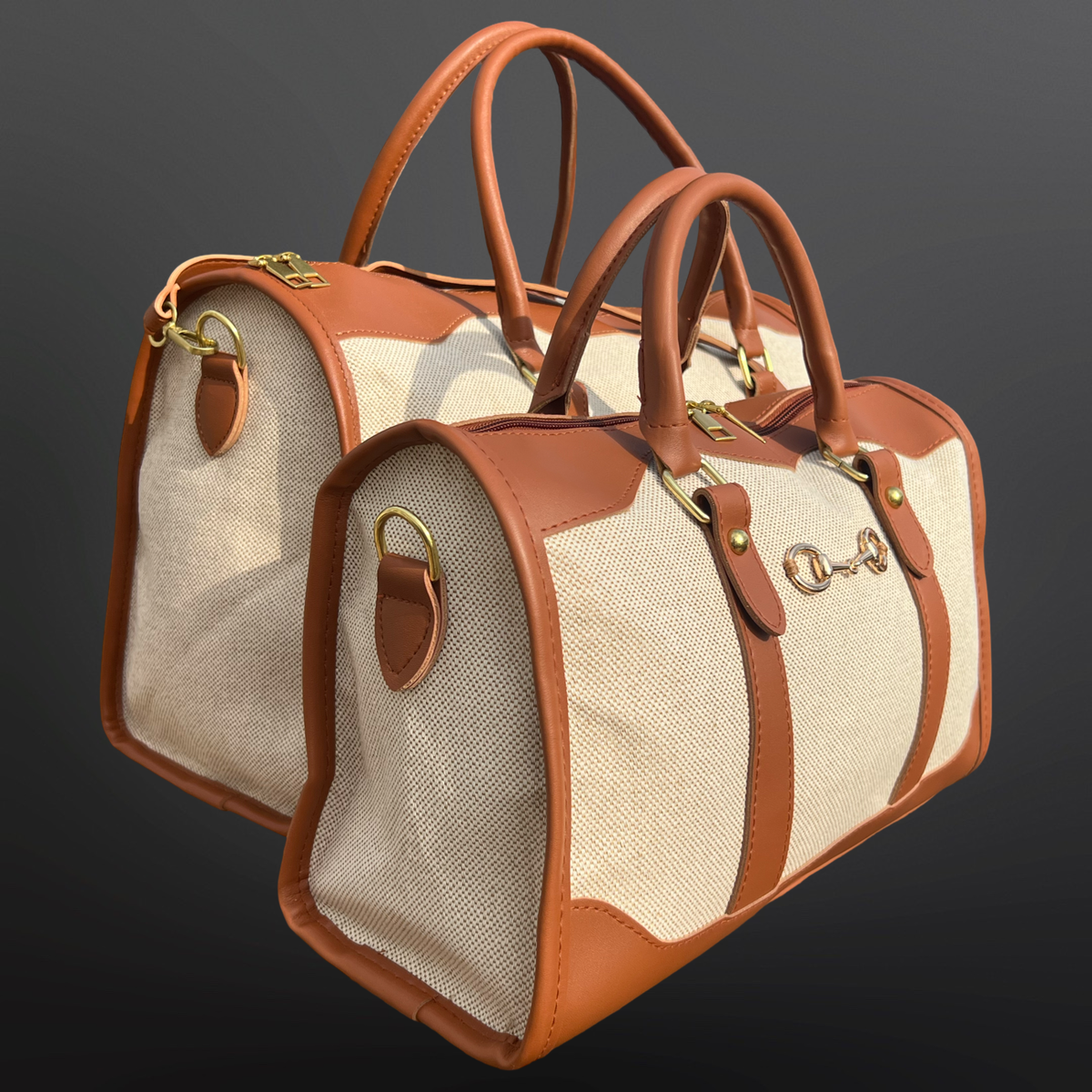 Two brown and beige equestrian handbags with gold accents on a dark background