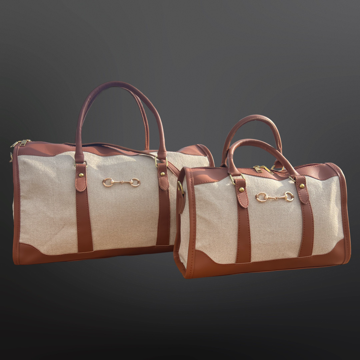 Two duffel bags with brown handles and trim on a dark background