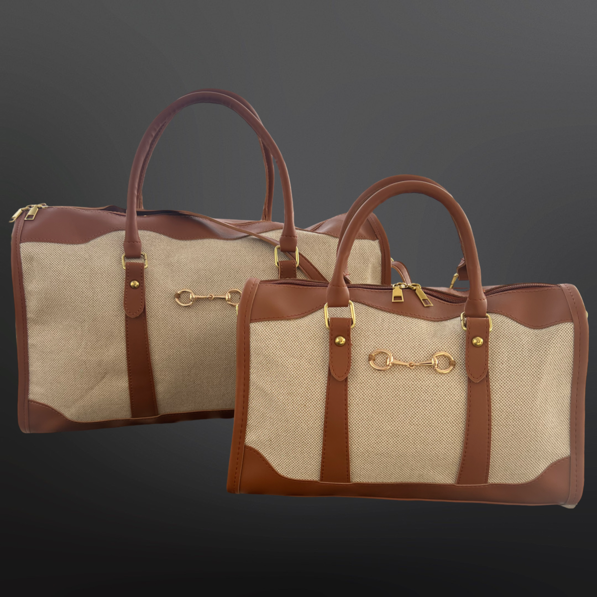 Two beige and brown handbags with gold accents on a dark background