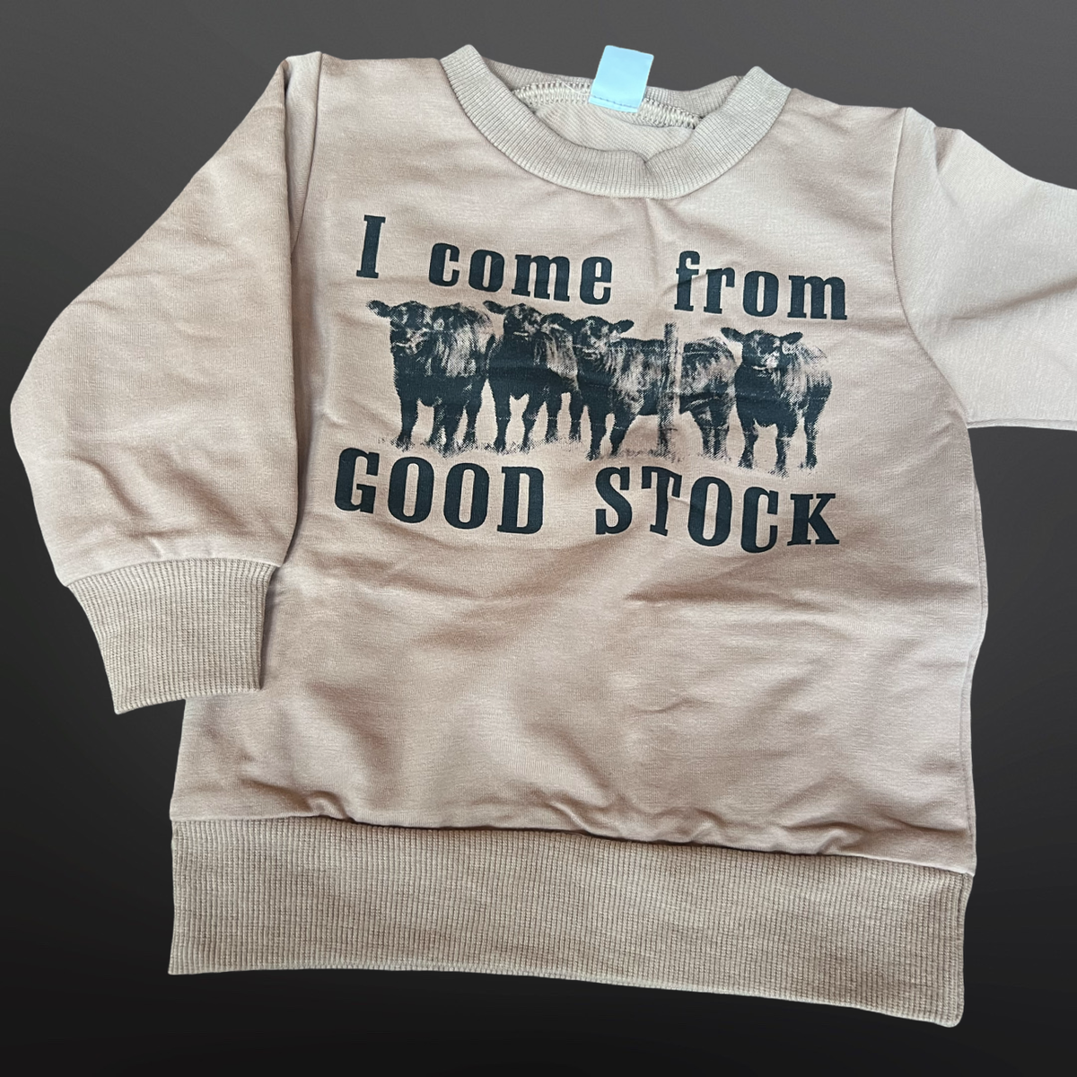 Beige sweatshirt with graphic of cows and text 'I come from good stock' on a dark background