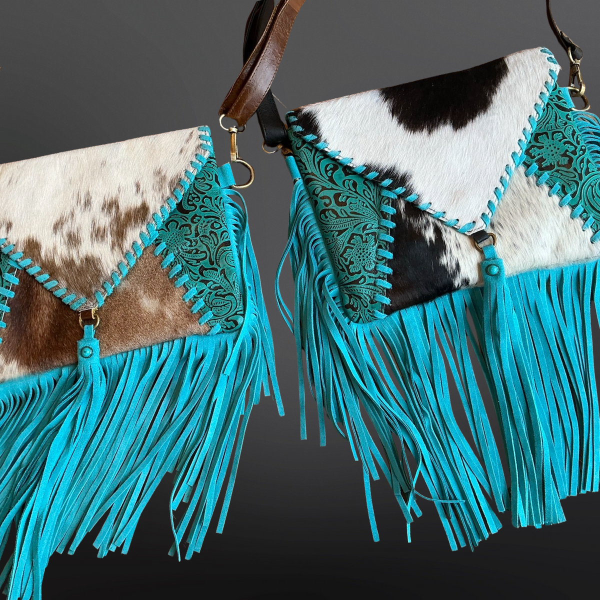 Western Turquoise Fringe Cowhide Leather Handbag