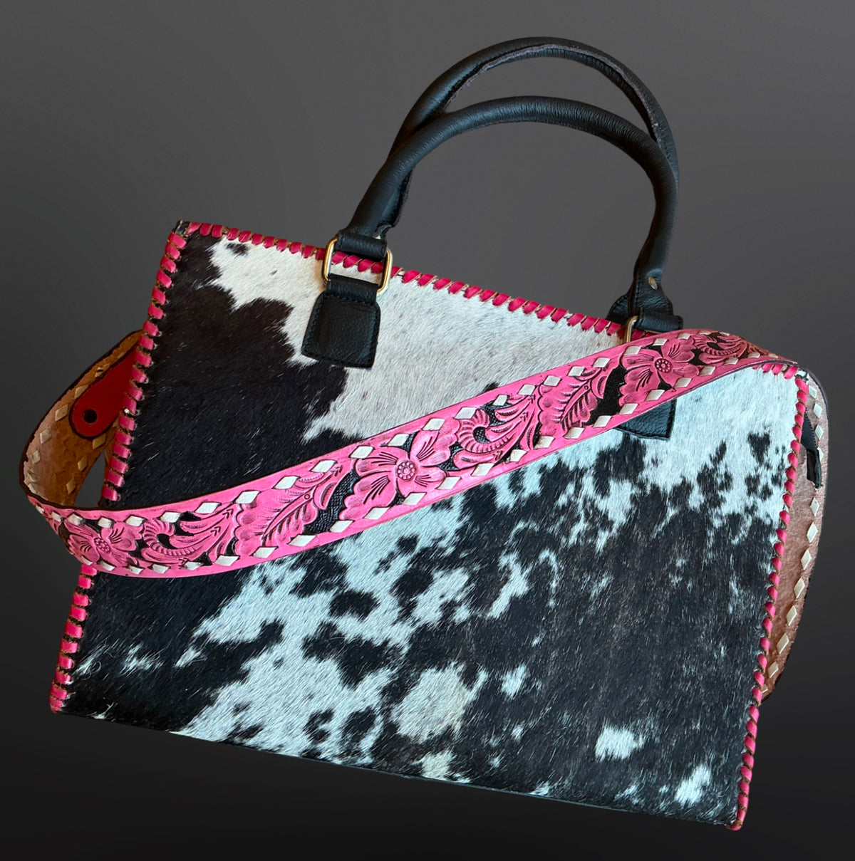 Pink Buck Stitch Cowhide Tote Handbag