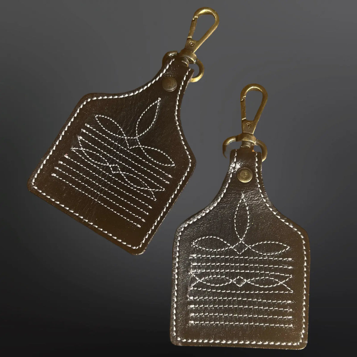 Western Cowboy Boot Stitched Leather Keychain Cow Tag