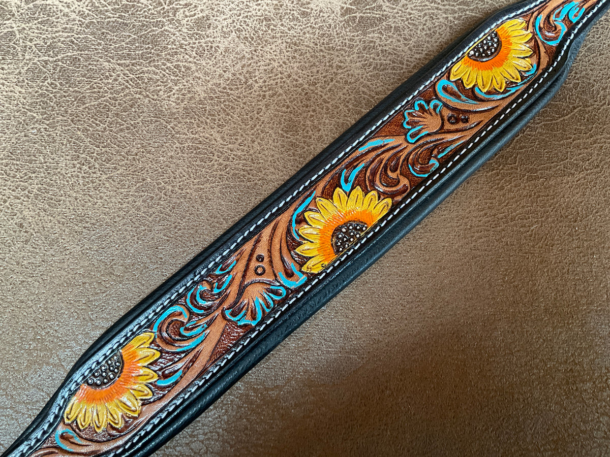 Sunflower Turquoise Tooled Leather Dog Collar with Padding
