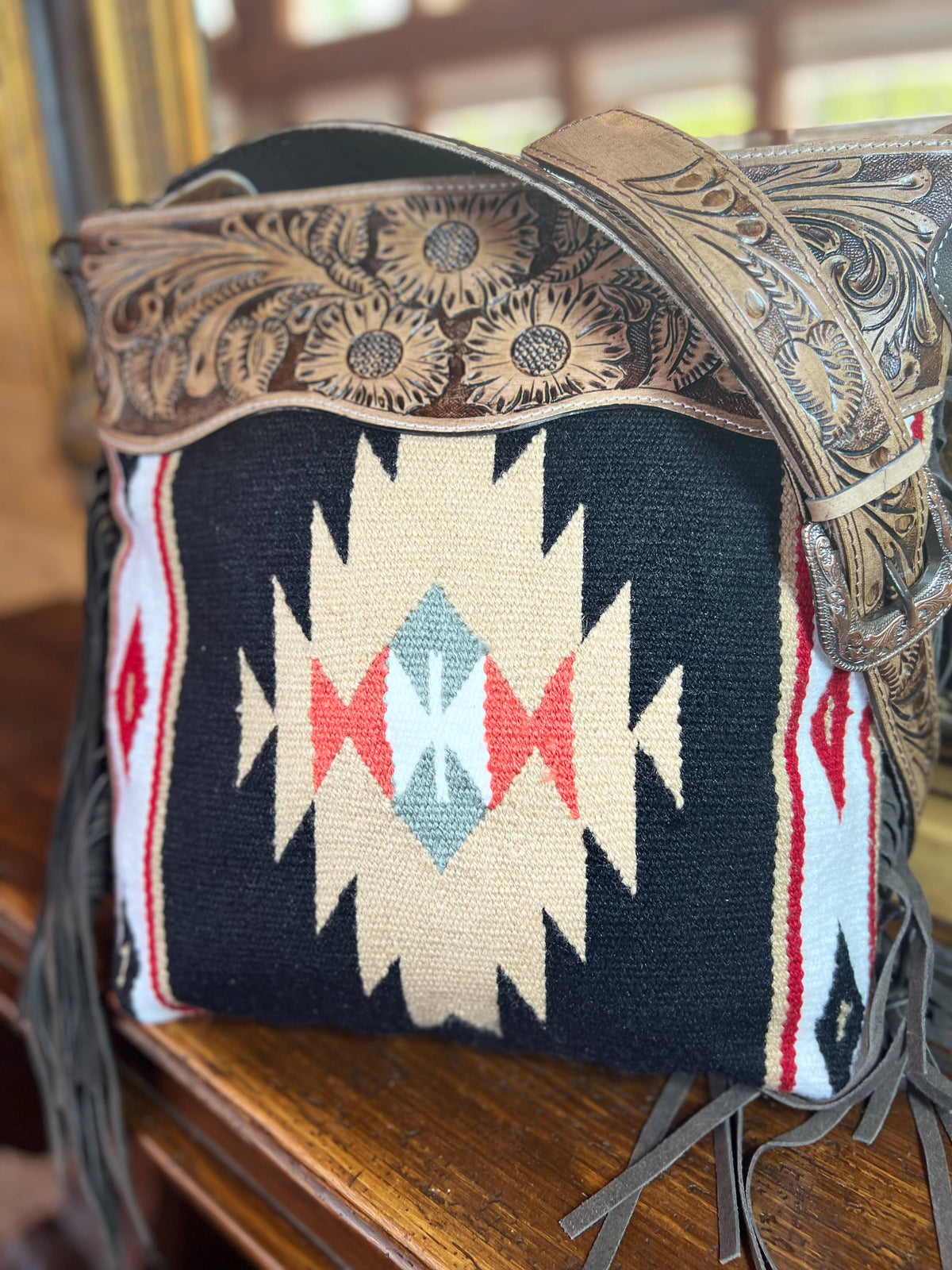 Saddle Blanket Tooled Leather Tote Bag Western Purse