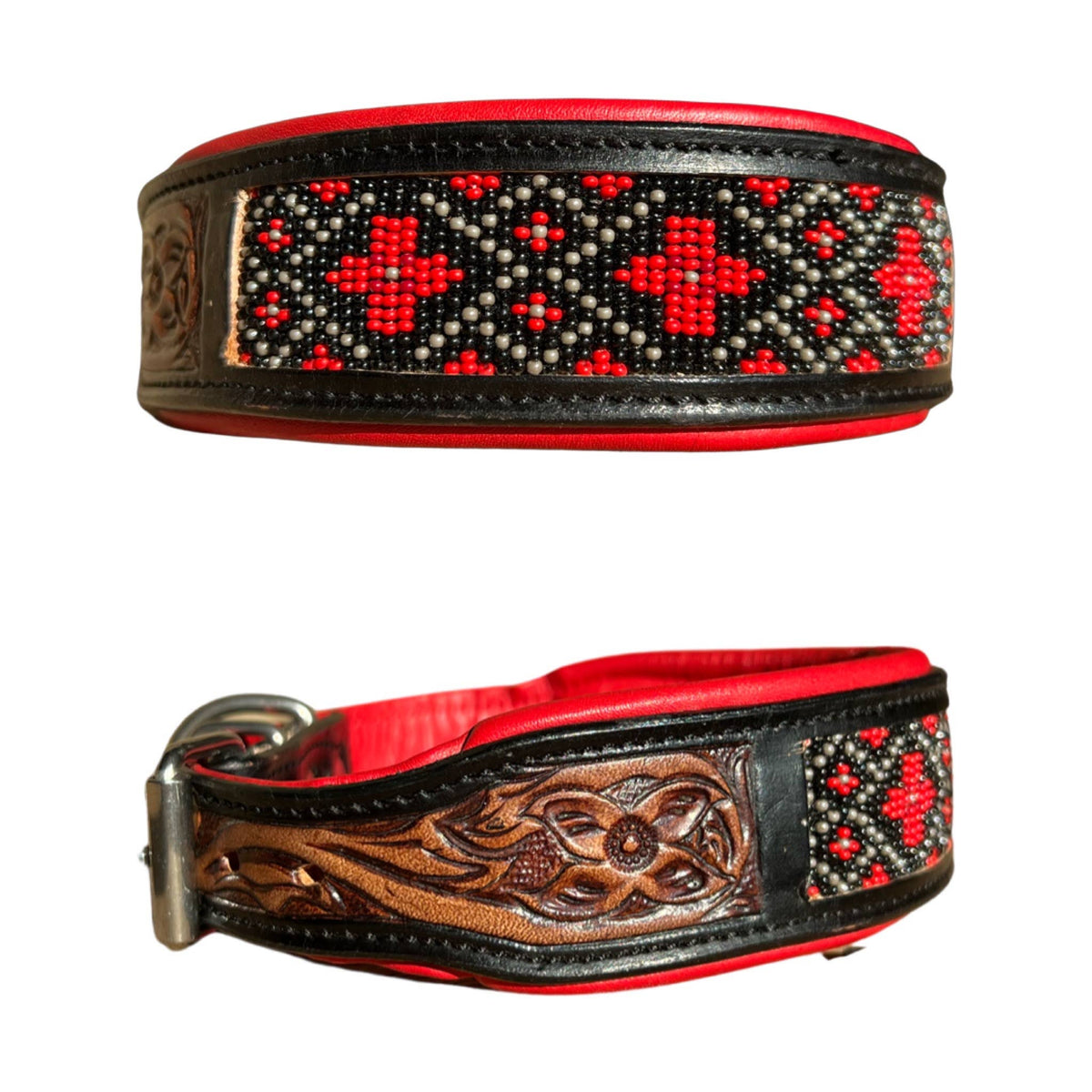 Cardinal Tooled Saddle Leather Red Beaded Dog Collar