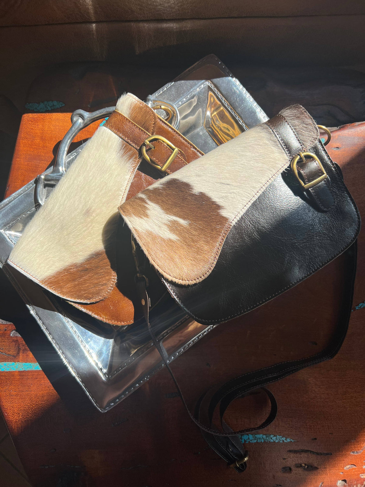 English Saddle Equestrian Hair On Cowhide Crossbody Purse