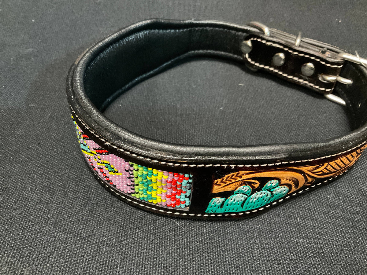 Western Tooled Leather Beaded Cactus Dog Collar