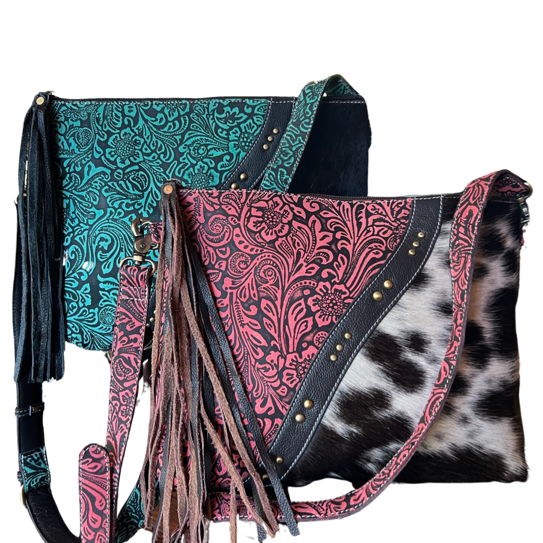 Cowhide Floral Leather Western Purse Turquoise Red