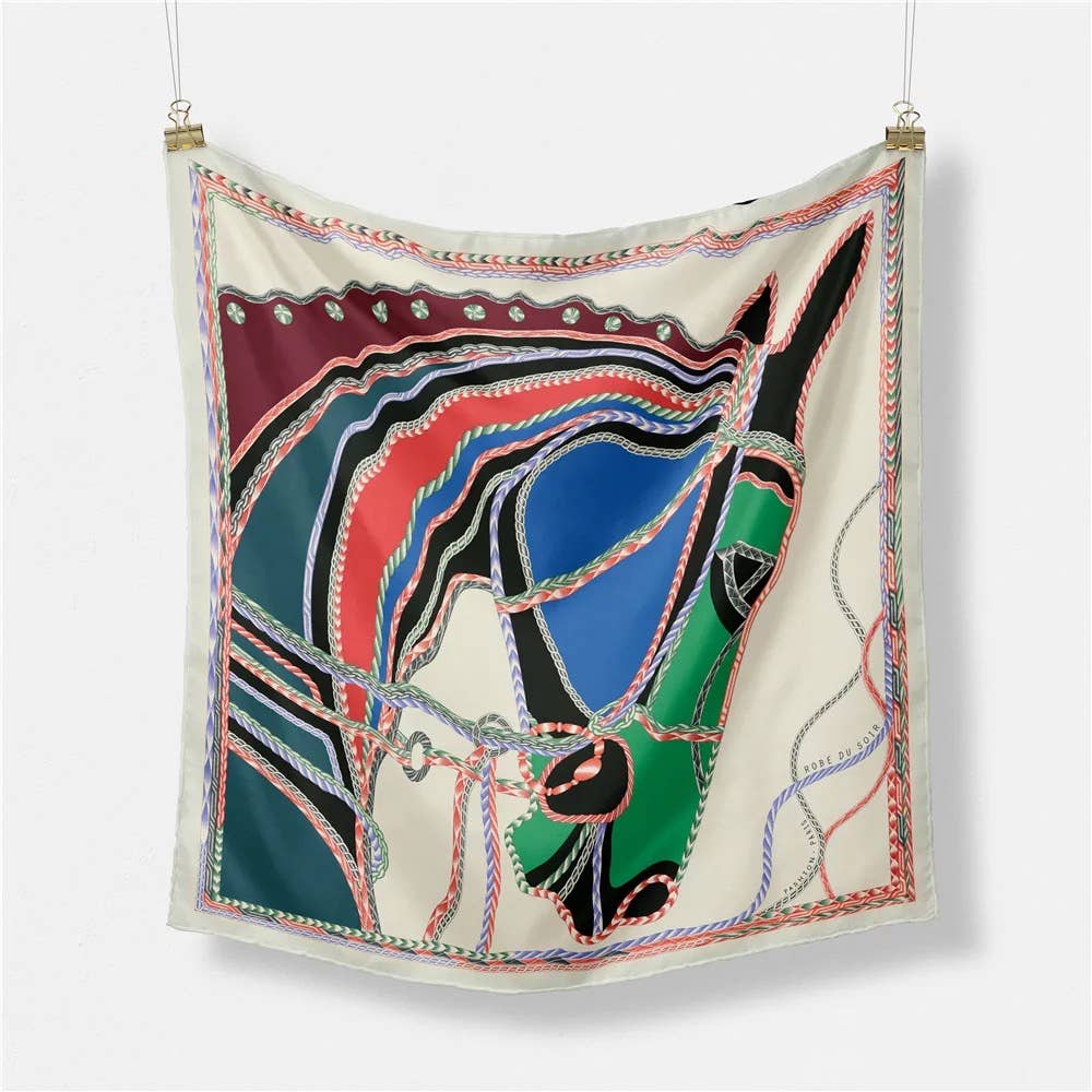 Equestrian Hunter Dressage Horse Print Silk Blend Scarf 20”